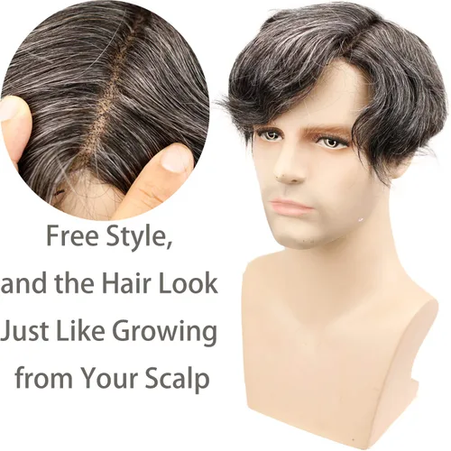 Vista 3 de Voloria Swiss Full Lace Hombres Toupee 1B Color Negro Cabello Humano Real Mezclado 20% Gris Pelo Sintético Reemplazo para Hombres Hairpiece