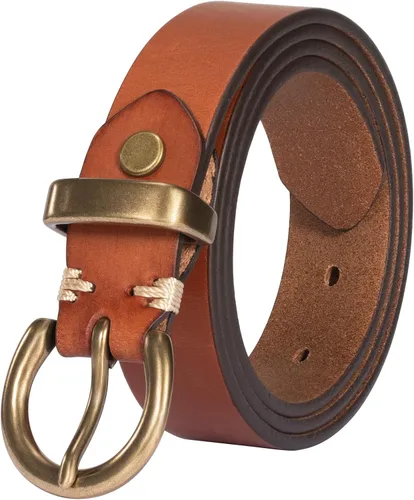 Vista 7 de Cinturón de mujer para jeans de cuero genuino con hebilla circular de latón vintage sólido y embalaje de caja de regalo Negro-1