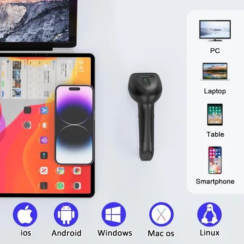 Vista 3 de Escáner de código de barras Bluetooth versátil 3 en 1 (2.4 GHz Bluetooth6.0 inalámbrico+USB 2.0 con cable) Lector de código de barras láser symcode