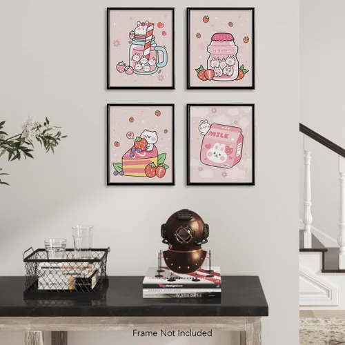 Vista 5 de Decoración de pared de anime japonés Kawaii para comedor, bonita decoración de cocina rosa, carteles estéticos de conejo y fresa, impresiones