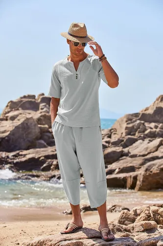 Vista 2 de COOFANDY Conjunto de 2 piezas de lino para hombre, camisa Henley de manga corta y pantalones capri harén, pierna ancha, holgados, pantalones de yoga