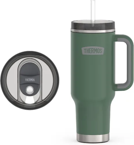 Vista 2 de THERMOS Taza Portavasos de Acero Inoxidable - 40 Onzas, Verde Alpino - Vaso Térmico con Tapa y Popote, Además de Cierre Deslizante Resistente a Fugas