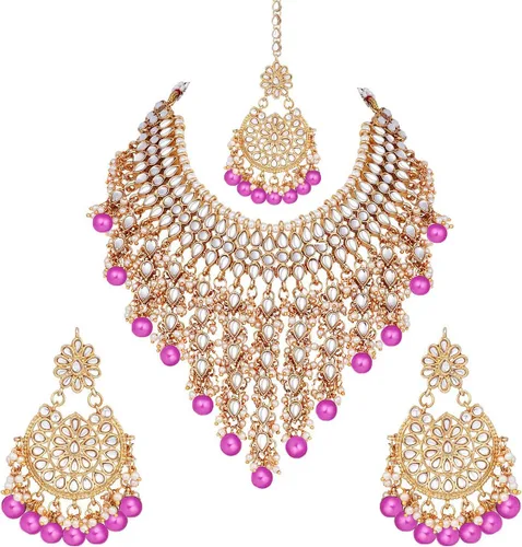Vista 10 de Aheli Elegant Wear - Gargantilla con tachuelas Kundan de imitación con juego de Maang Tikka Azul