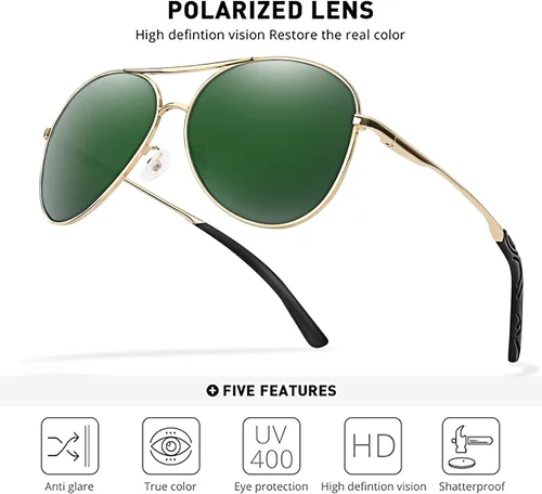 Vista 4 de BOTPOV Gafas de sol de aviador para hombres y mujeres, polarizadas, protección UV400, lente espejada, marco de metal con bisagras de resorte..