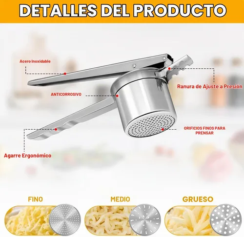 Vista 2 de Ricer de papas de 15 onzas, triturador de patatas de acero inoxidable resistente para puré de papas, con 3 discos intercambiables, herramienta