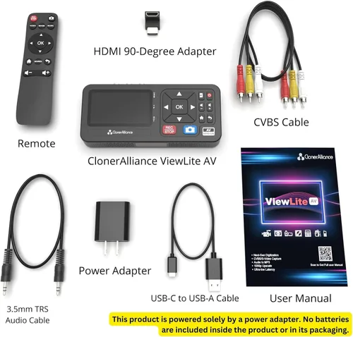 Vista 5 de ViewLite AV, convertidor portátil de audio y video analógico a digital MP4/MP3 con control remoto. Captura CVBS/S-Video/RCA/Compuesto. Caja de TV