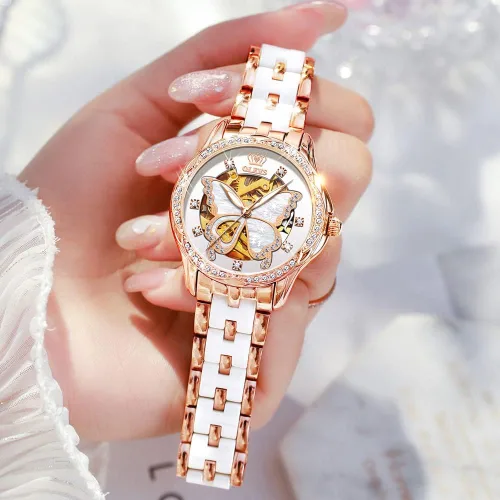Vista 7 de OLEVS Relojes automáticos de oro rosa para mujer diseño de esqueleto mecánico de cuerda automática elegante vestido de lujo para mujer con diamantes