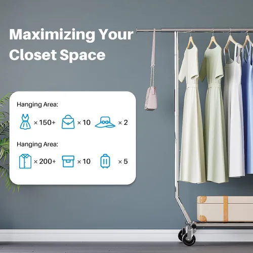 Vista 5 de HOKEEPER Perchero para ropa, percheros enrollables para colgar ropa, perchero portátil con ruedas bloqueables, perchero de ropa resistente de uso