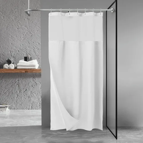 Vista 12 de N&Y HOME - Juego de cortina de ducha de punto gofre, forro de tela a presión y ganchos, para ducha pequeña, estilo hotel, ventana superior de malla