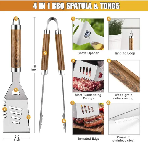 Vista 2 de Cifaisi Juego de accesorios para parrilla de barbacoa, 38 piezas de herramientas de parrilla de acero inoxidable con funda de aluminio, termómetro