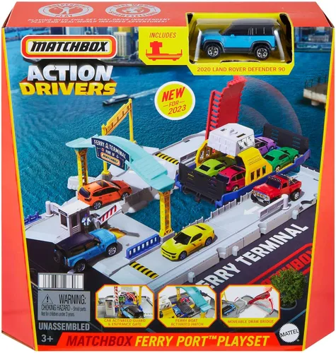 Vista 6 de Matchbox HMH29 Juego de puerto de ferry con ferry desmontable con ruedas, elementos para activar manualmente o con la ayuda del coche Land Rover