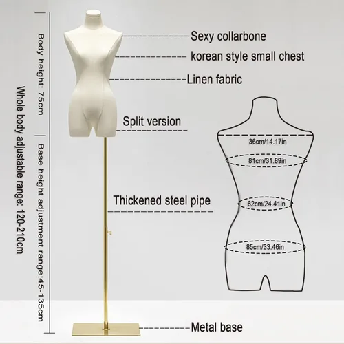 Vista 5 de Maniquí femenino con forma de torso para vestido, altura ajustable de 47" a 83", maniquí de exhibición con soporte de metal, manequí retro