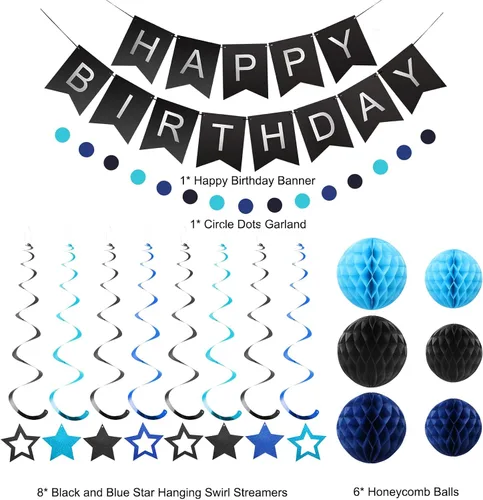 Vista 6 de meowtastic - Decoraciones de cumpleaños, pancarta de feliz cumpleaños con bolas de panal de abeja, serpentinas colgantes de estrellas, guirnalda