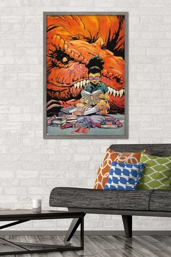 Vista 2 de Trends International Marvel Moon Girl & Devil Dinosaur - Póster de pared de lectura, 22.375 x 34 pulgadas, versión enmarcada de madera de granero