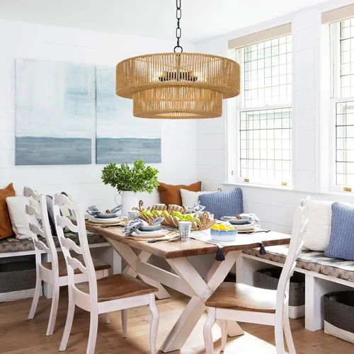 Vista 4 de LamQee Candelabros de Ratán Estilo Granja de 22 Pulgadas, Lámpara de Araña Boho de 5 Luces con Pantalla de Mimbre Tejida a Mano, Luces Colgantes