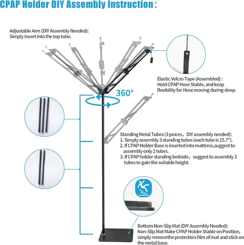 Vista 4 de Soporte de tubo de manguera CPAP, gancho de abrazadera para levantador, kit de almacenamiento de mesita de noche, estructura de metal, fuerte, 5.6