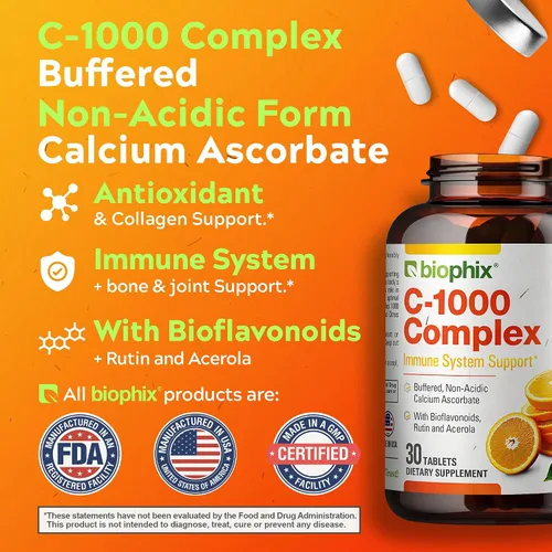 Vista 5 de biophix Vitamina C-1000 mg 30 tabletas Complejo - Vegano con calcio cítrico Bioflavonoides Acerola Rutina - Apoya la salud inmunológica