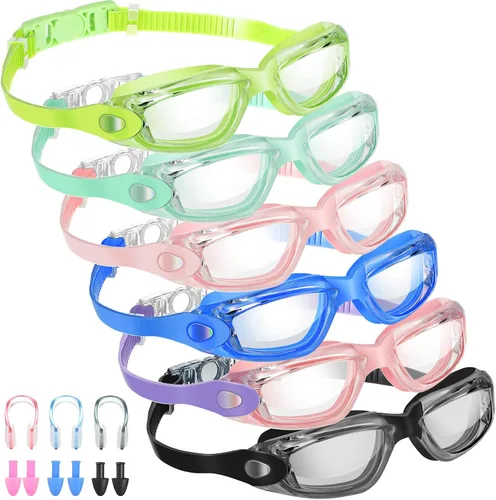 Vista 9 de Flutesan Paquete de 6 gafas de natación para adultos, antiniebla, con tapones para los oídos, clip para la nariz, sin fugas, protección completa