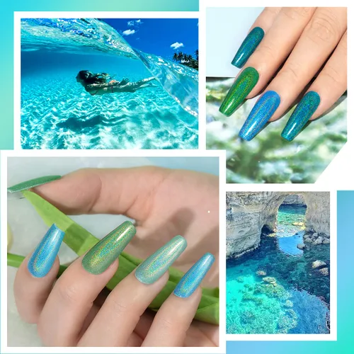 Vista 4 de RARJSM Juego de esmaltes de gel holográfico, color verde turquesa, kit de esmalte de uñas de gel con purpurina, colección de verano, 6