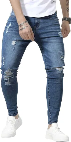 Vista 8 de HUNGSON Skinny Jeans for Men Stretch Slim Fit Ripped Distressed 2024-azul