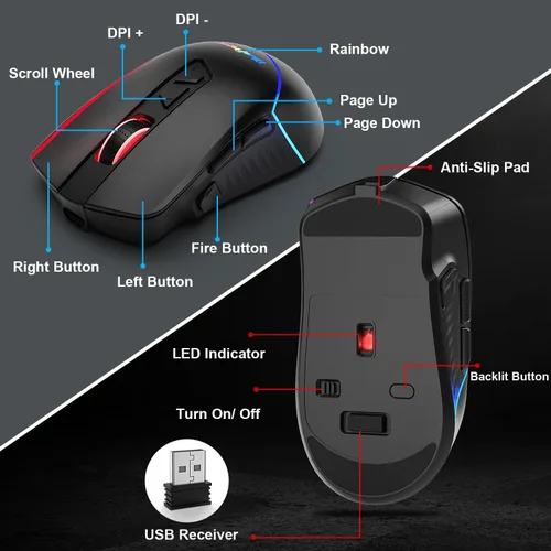 Vista 6 de BlueFinger Combo de teclado y mouse inalámbricos, batería recargable de larga duración, 87 teclas RGB con retroiluminación arco iris y mouse