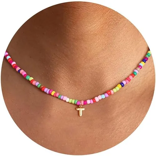 Vista 11 de M MOOHAM Collares con iniciales de cuentas coloridas para niñas, mujeres y niños, lindo collar de letras bohemias con cuentas delicadas, joyería