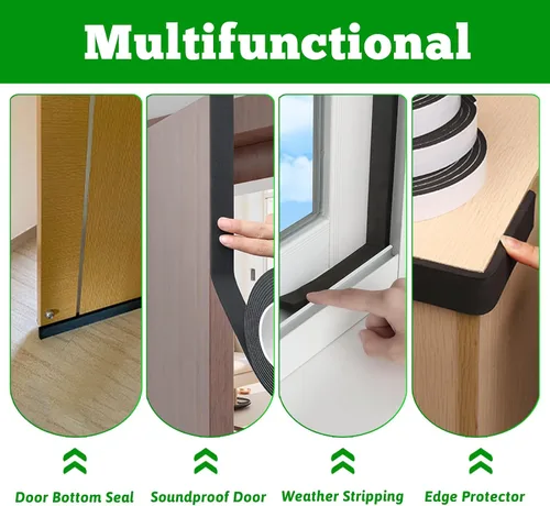 Vista 4 de Burlete para Puerta Negro, 1 Pulgada de Ancho X 1/4 Pulgada de Grosor, Sello de Ventana de Aire Acondicionado, Cinta de Espuma Autoadhesiva Tira