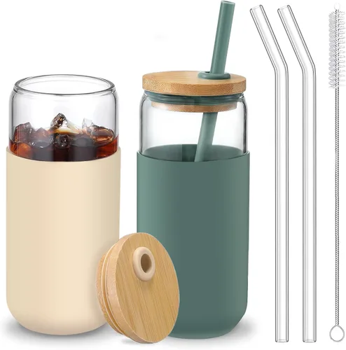 Vista 9 de Vaso de agua de vidrio de 20 onzas con funda protectora de silicona - Vasos de vidrio tipo lata de cerveza con pajita y tapa de bambú, vasos