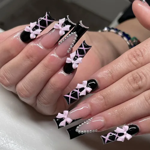 Vista 10 de 24 uñas postizas largas a presión de ataúd blanco y negro, uñas postizas reutilizables con diseño de patrón de ojos de cuadrícula de corazón, uñas