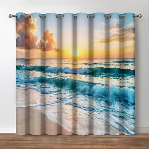 Vista 29 de Jekeno Cortinas opacas con palmeras oceánicas, playa, cielo, sol, decoración de paisaje marino para dormitorio, sala de estar, cortinas de ventana