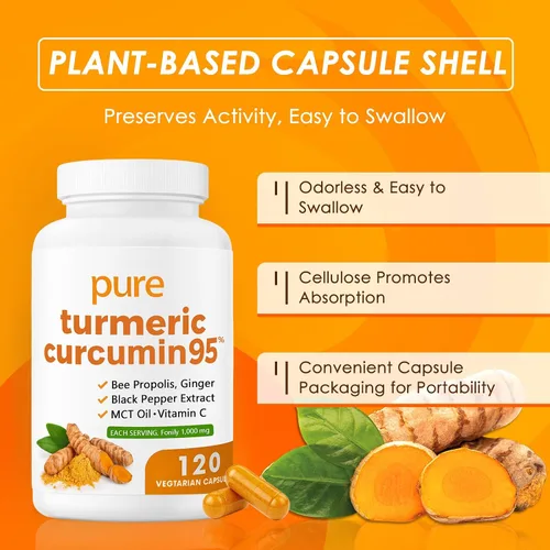 Vista 3 de Curcumina de cúrcuma pura de cúrcuma 95 1000 mg - Extracto de pimienta negra Cápsulas veganas 120