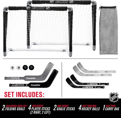 Vista 4 de Franklin Sports NHL juego de portería de mini hockey para niños - (2) porterías mini + de rodilla, (4) palos para jóvenes, (2) palos de portero +