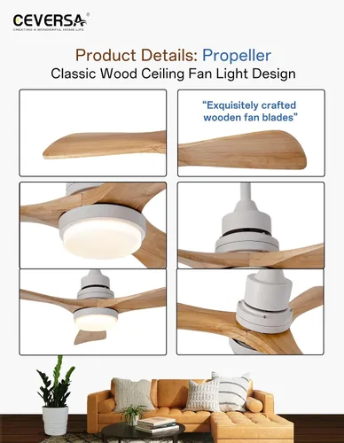 Vista 3 de Ventilador de techo de madera natural de 42 pulgadas con luces y control remoto, ventilador de 3 aspas para exteriores/interiores para patio y sala