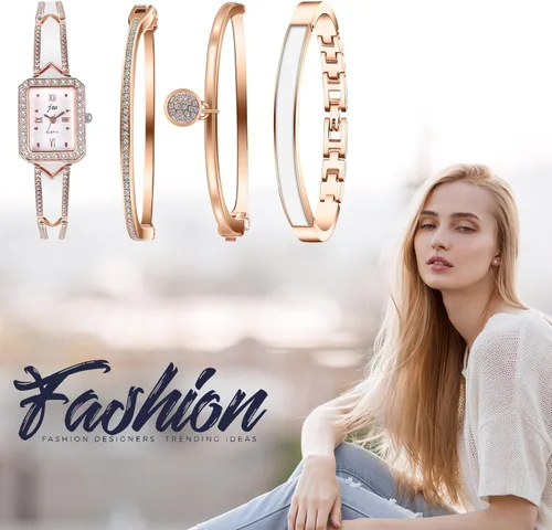 Vista 5 de JewelryWe Conjunto de pulsera de reloj para mujer reloj de pulsera de cristal brillante de oro rosa