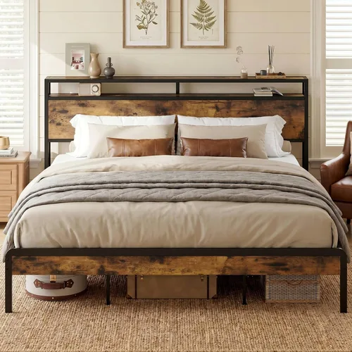 Vista 10 de LIKIMIO Marco de cama tamaño Queen, cama de plataforma con cabecera de almacenamiento de 2 niveles Marco de cama de metal, sólido y estable, sin