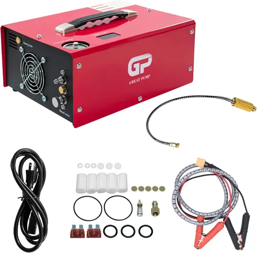 Vista 7 de TUXING Compresor de aire PCP, 4500Psi/30Mpa/300Bar compresor de pistola de aire portátil pequeño sin aceite, rifle PCP de alta presión, pistola