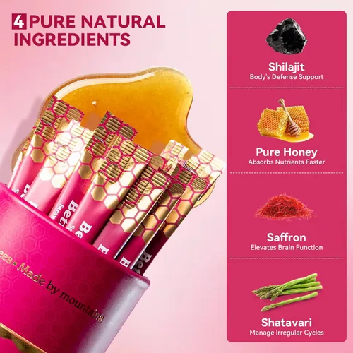 Vista 3 de Palitos de miel Shilajit para mujer, energía natural y potenciador de vitalidad con shatavari y azafrán, palitos de miel de fresa para equilibrio