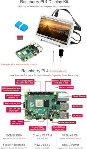 Vista 3 de waveshare Kit de pantalla compatible con Raspberry Pi 4 Modelo B 7 pulgadas LCD táctil capacitiva micro tarjeta y etc.