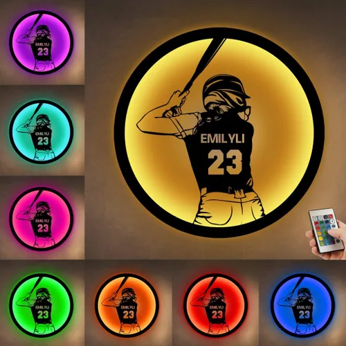 Vista 11 de Letrero de metal personalizado para jugador de sóftbol con luz LED, nombre y número personalizado, arte de pared de sóftbol, letrero de neón