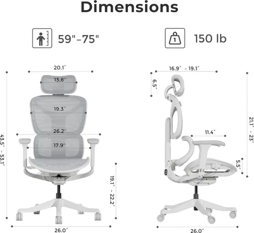 Vista 2 de WELAX Silla de oficina ergonómica sin reposapiés, silla de oficina de malla con reposabrazos y reposacabezas 3D, silla de escritorio S9 con Gris