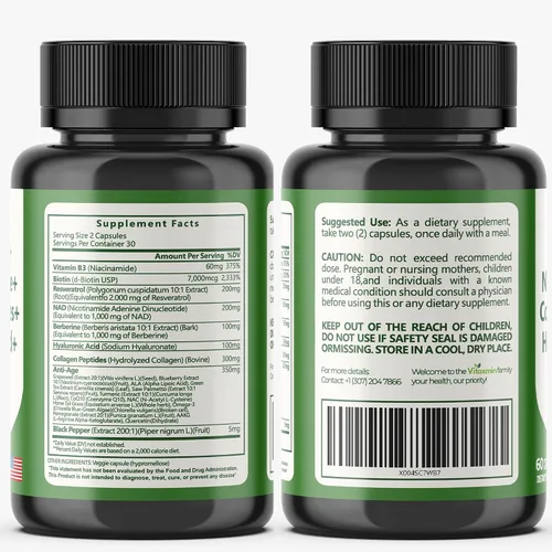 Vista 7 de NAD Resveratrol Suplemento 200mg con Berberina NAC Colágeno – Nicotinamida Riboside NMN NADH CoQ10 Biotina Ácido Hialurónico – Suplemento de uñas