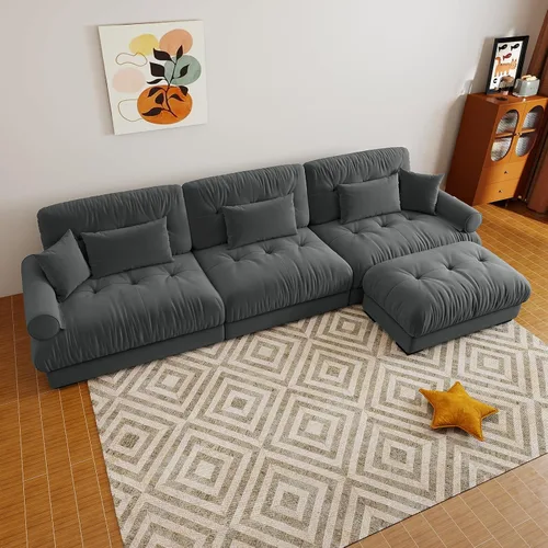 Vista 117 de Sofá modular de gran tamaño de 94 pulgadas, sofás seccionales grandes de color beige y blanco para sala de estar, juego de sofá de terciopelo, sofás