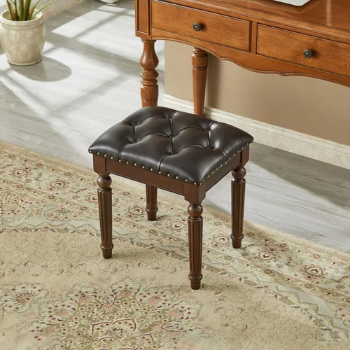 Vista 3 de Taburete de tocador con cojín de cuero de microfibra, silla de tocador otomana con patas de madera maciza para dormitorio, sala de maquillaje
