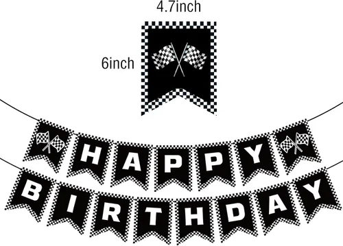 Vista 2 de Cartel de cumpleaños de coche de carreras, pancarta de feliz cumpleaños a cuadros, decoraciones de fiesta de autos de carreras, fiesta temática