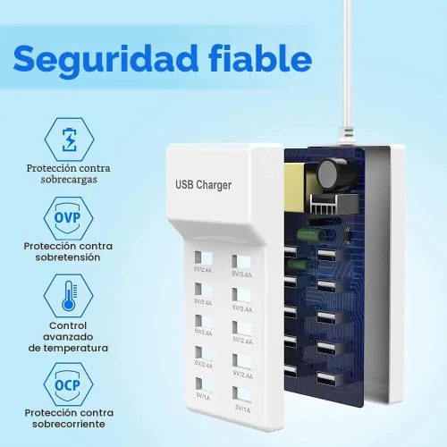 Vista 3 de Estación de carga de pared USB de 10 puertos con carga rápida, tecnología de detección automática, seguridad garantizada, puertos USB
