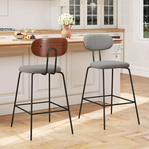 Vista 11 de LSSPAID Juego de 2 taburetes de bar de 25.6 pulgadas de altura de mostrador con patas de metal curvadas de madera curvada de nogal, taburetes de bar