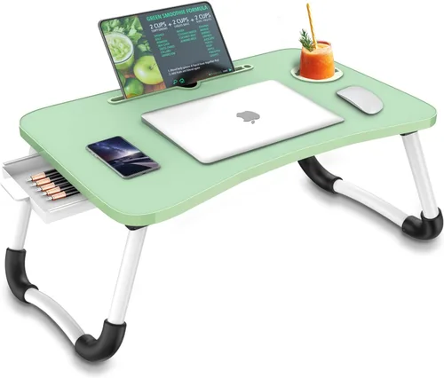 Vista 10 de Fayquaze - Escritorio portátil plegable para cama con cajón de almacenamiento y portavasos - Escritorio de regazo para portátil, soporte y bandeja