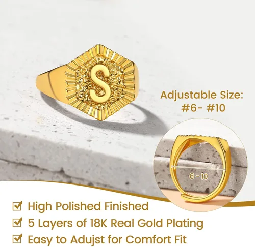 Vista 6 de KeyStyle Bold Initial Letter Rings Adjustable, GoldChic Jewelry Women Gold Statement Ring Personalized Engraved Womens Open Signet Ring for Party