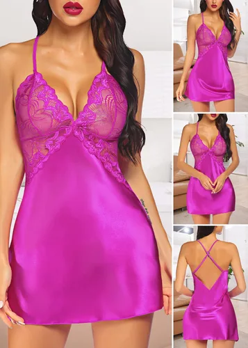 Vista 2 de Avidlove - Lencería para mujer, cuello en V ropa corta para dormir, de satén con encaje