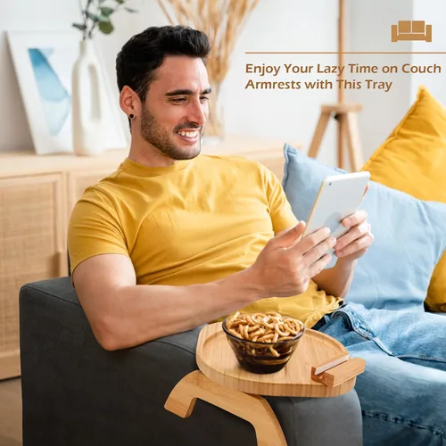 Vista 4 de SINWANT Mesa de brazo para sofá, bandeja redonda de bambú con clip para sofá con soporte para teléfono de 360°, mesa plegable para reposabrazos